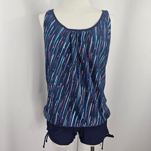Yonique Women's Blue Blouson Tankini Set Side Shirred Boy Shorts Size L NWT - Picture 2 of 16